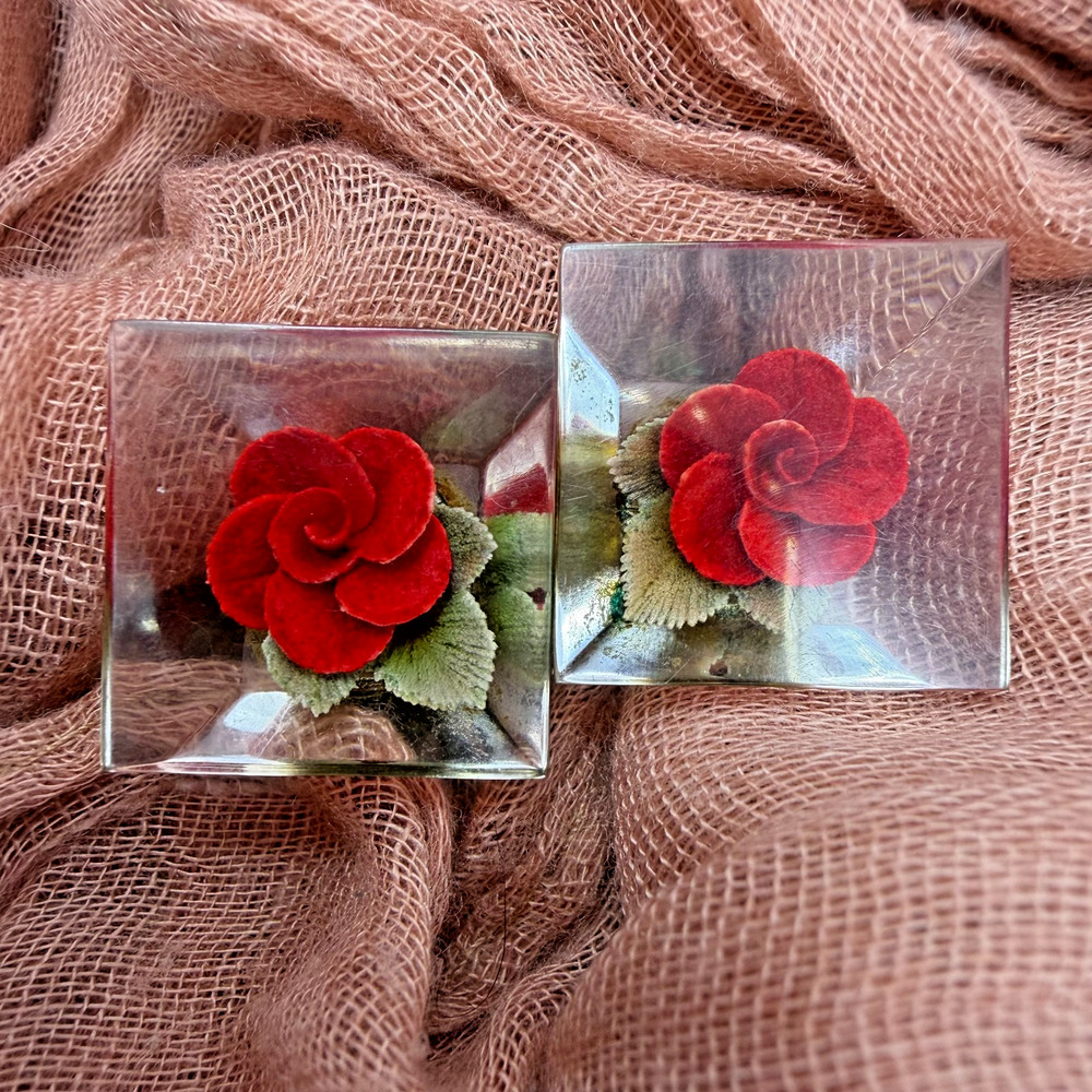 Vintage Reverse Carved Lucite Rose Earrings Red Flower Square Dome Screw Back